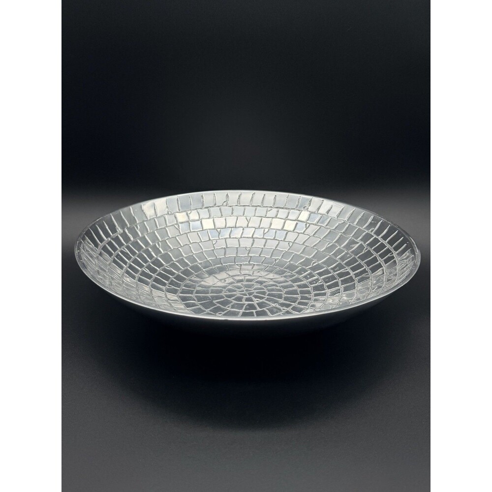 Silver Textured Mosaic Aluminum Bowl 13" Centerpiece Dish Modern Decor Catchall